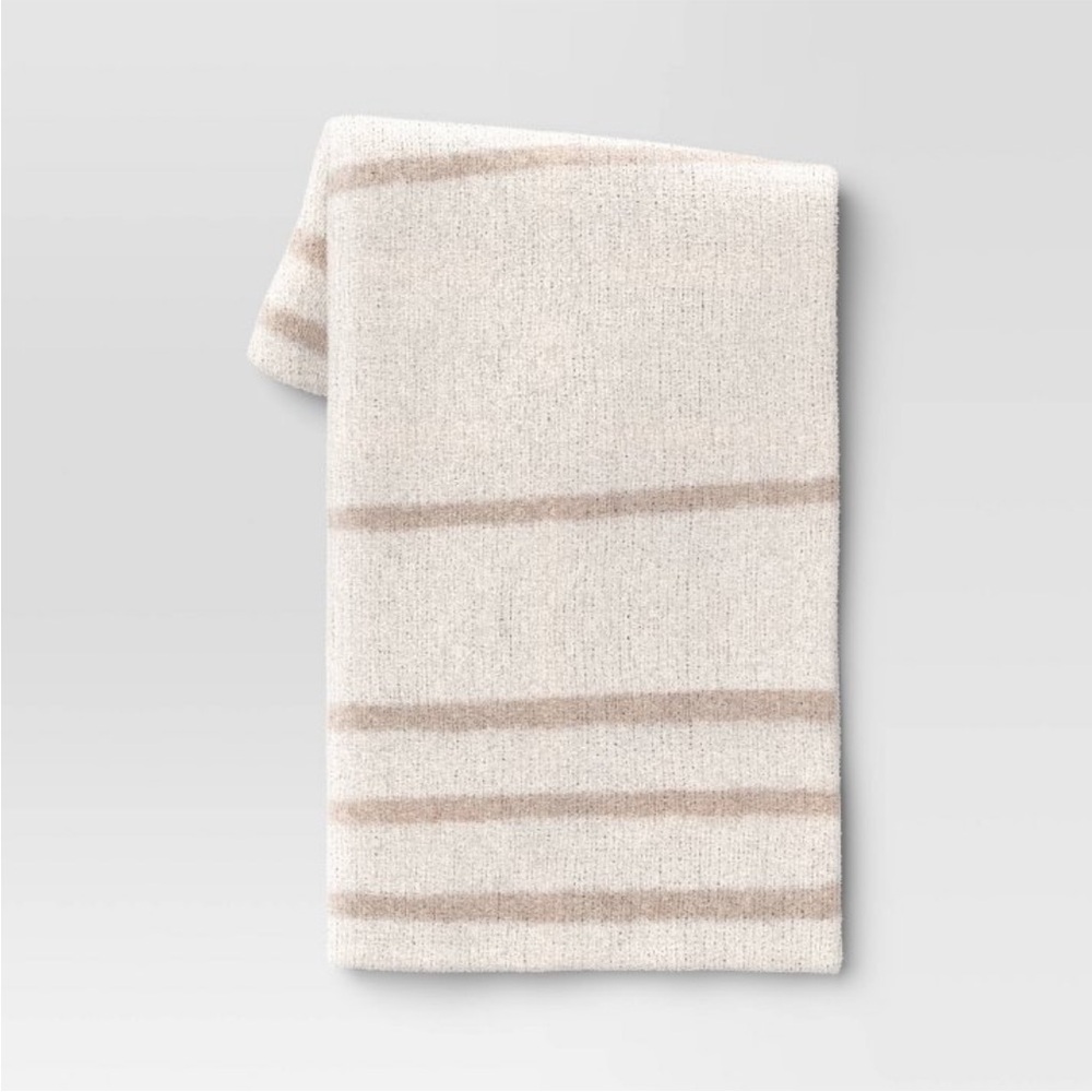 THRESHOLD NEW cozy feathery knit border stripe throw blanket -beige/ivory -50x60